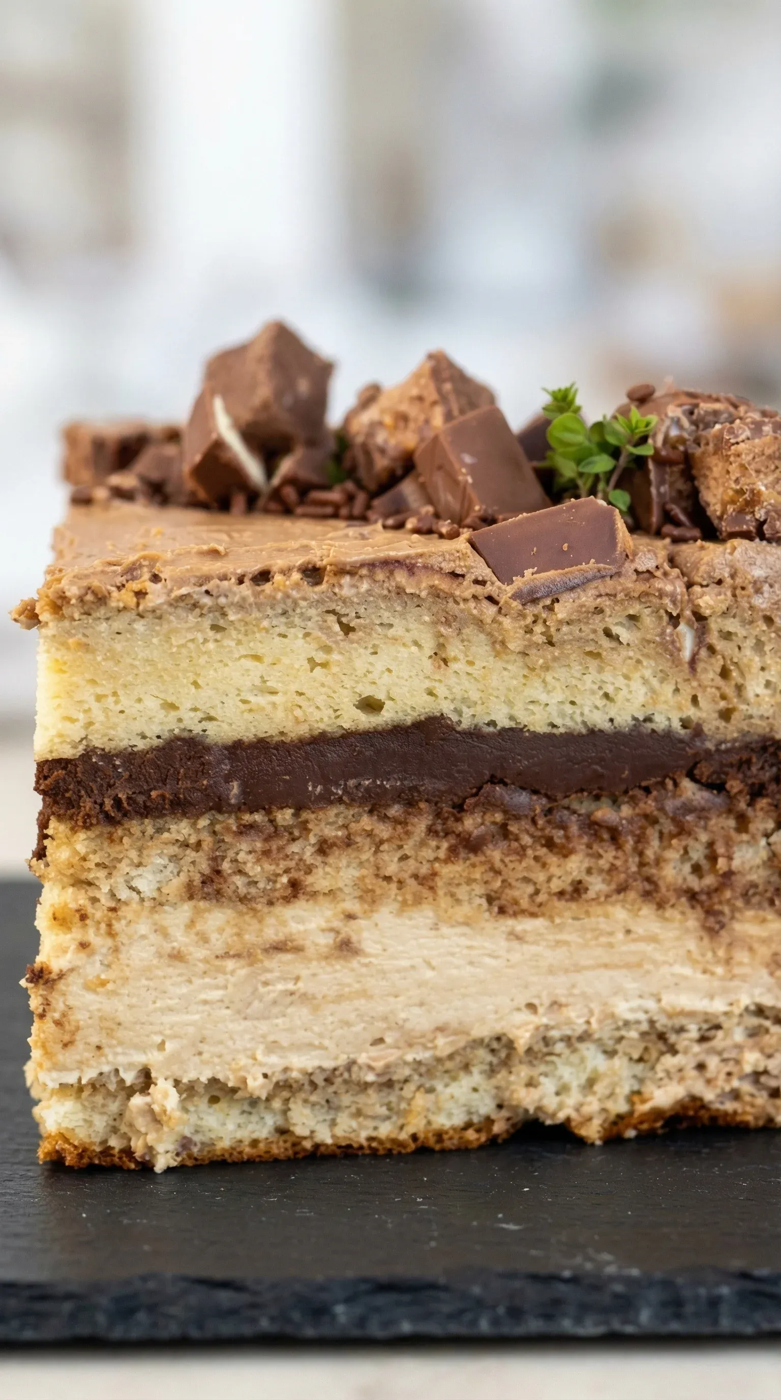 A slice of cake with chocolate on top.