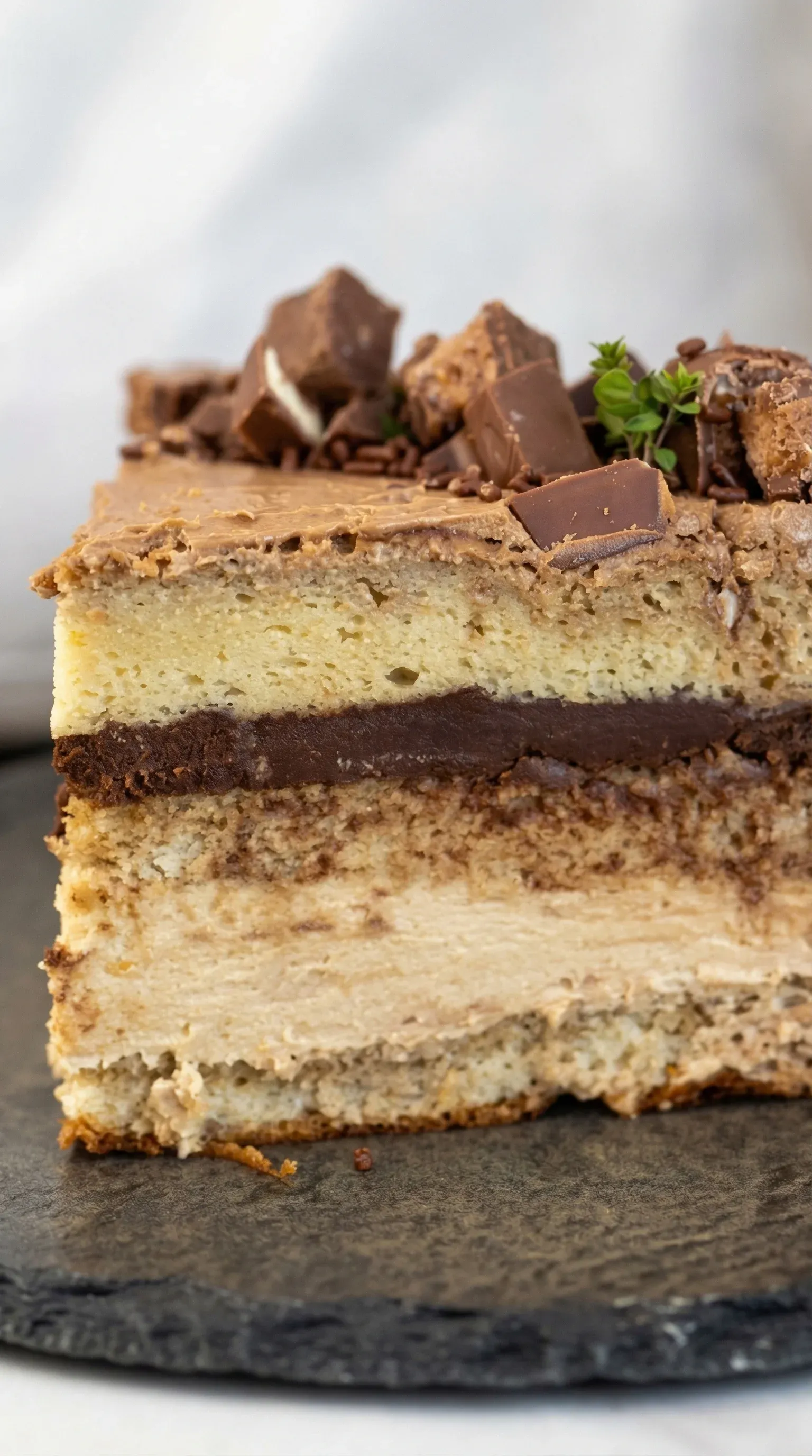 A slice of cake with chocolate frosting and chocolate chips.