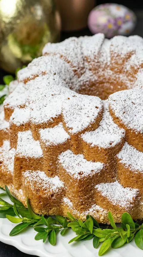 A cake with powdered sugar on top.