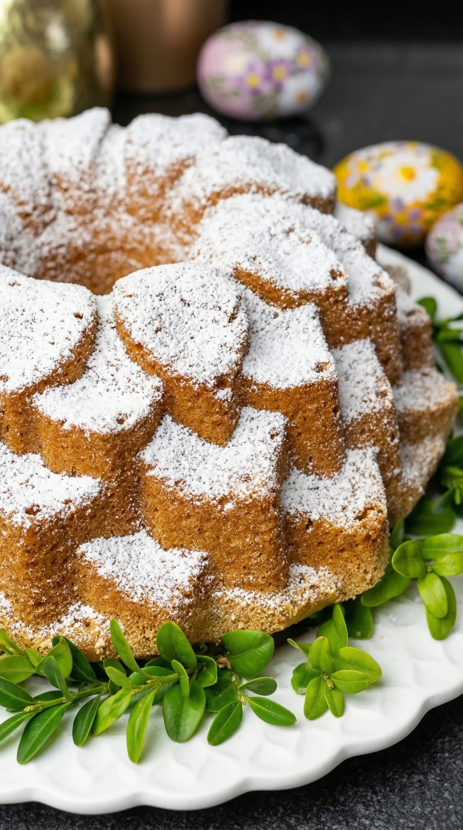 A cake with powdered sugar on top.