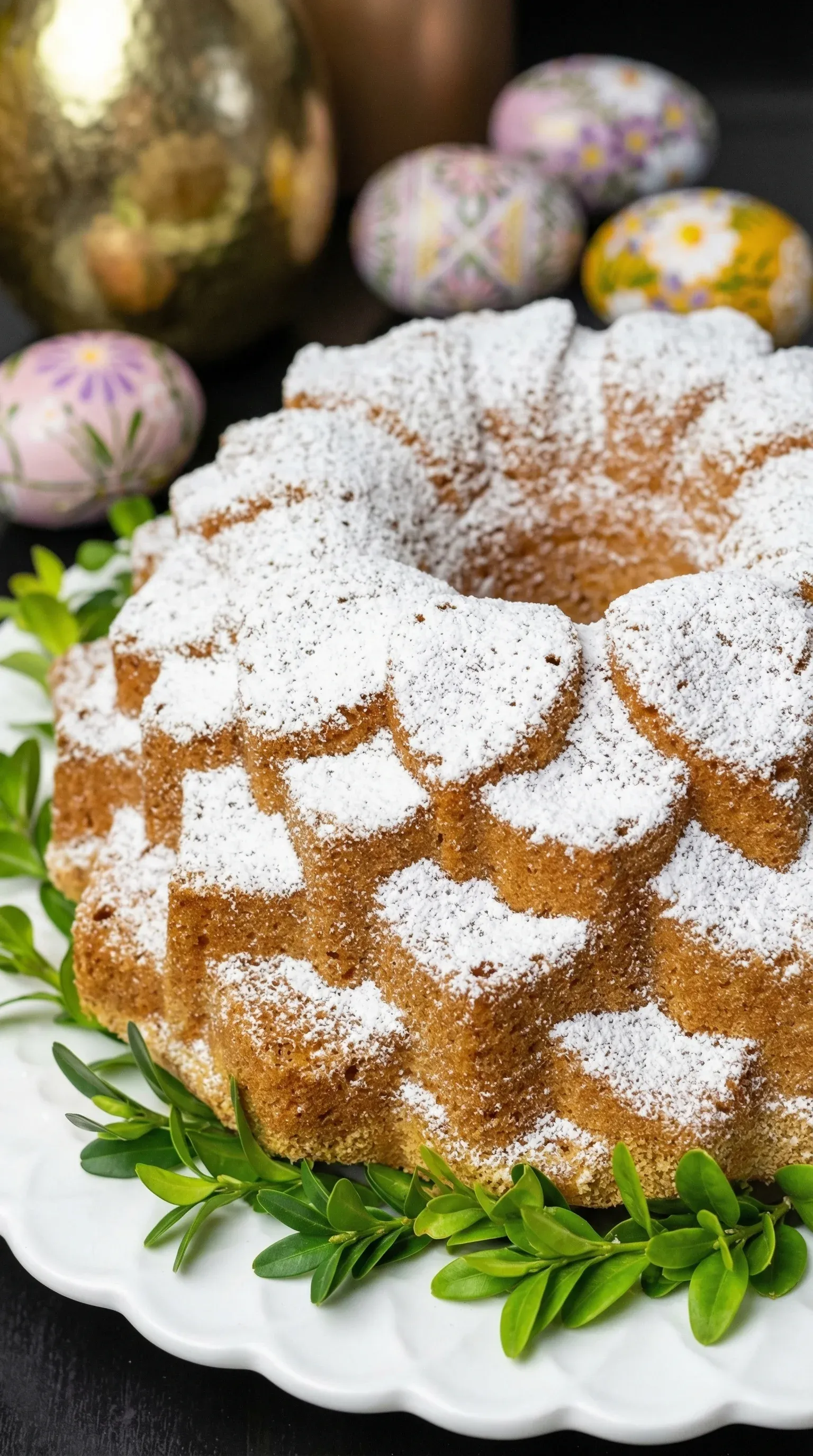 A cake with white powdered sugar on top.