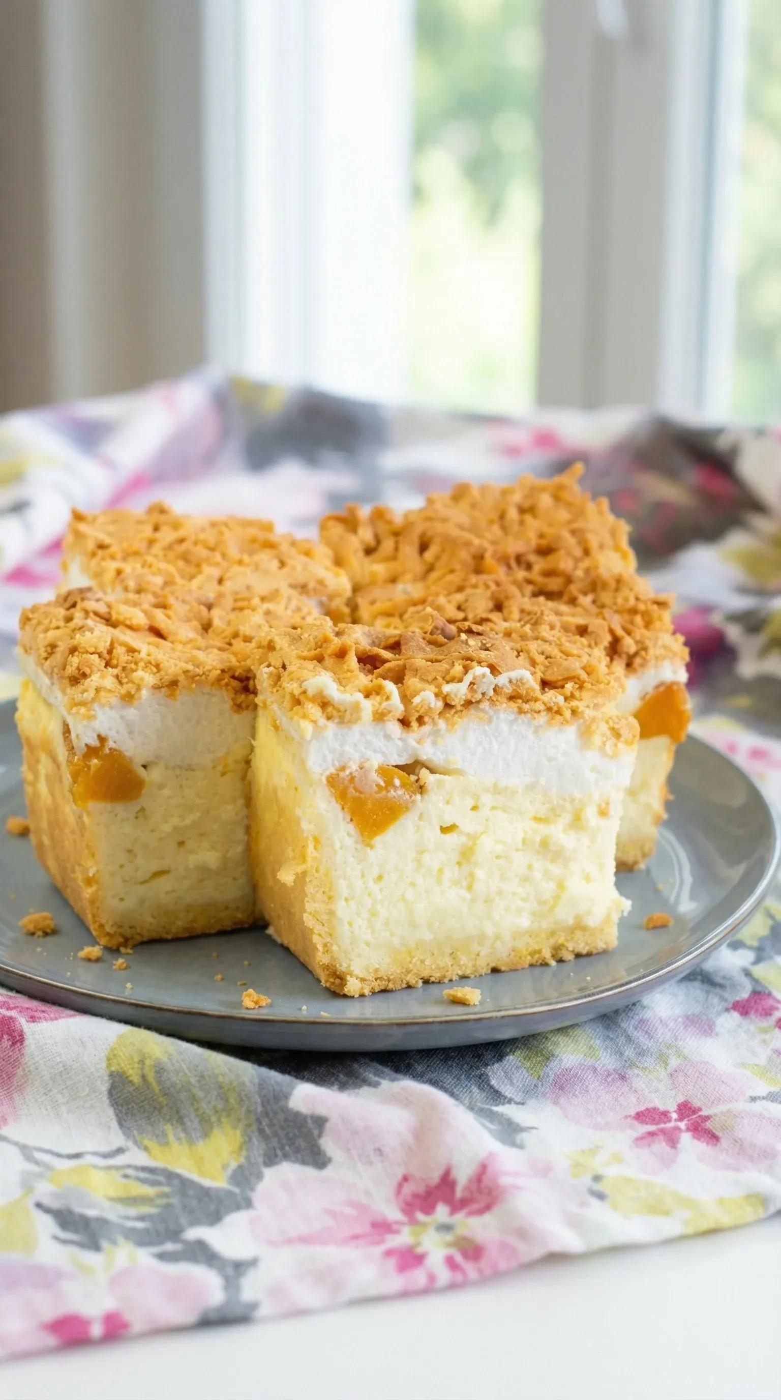 A slice of cake with peaches on top.