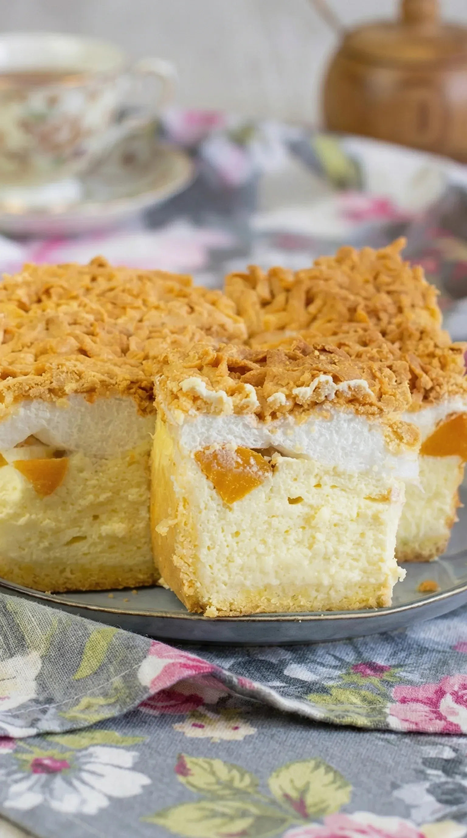 A slice of cake with peaches on top.