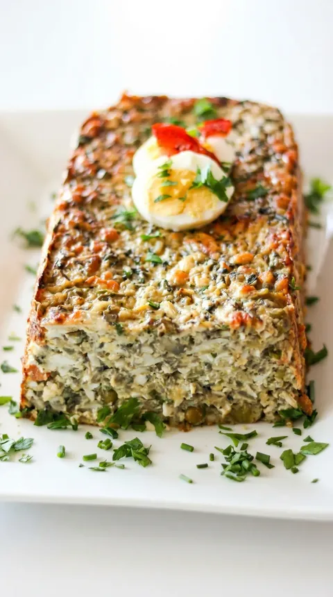 A slice of pasztet jajeczny on a white plate.