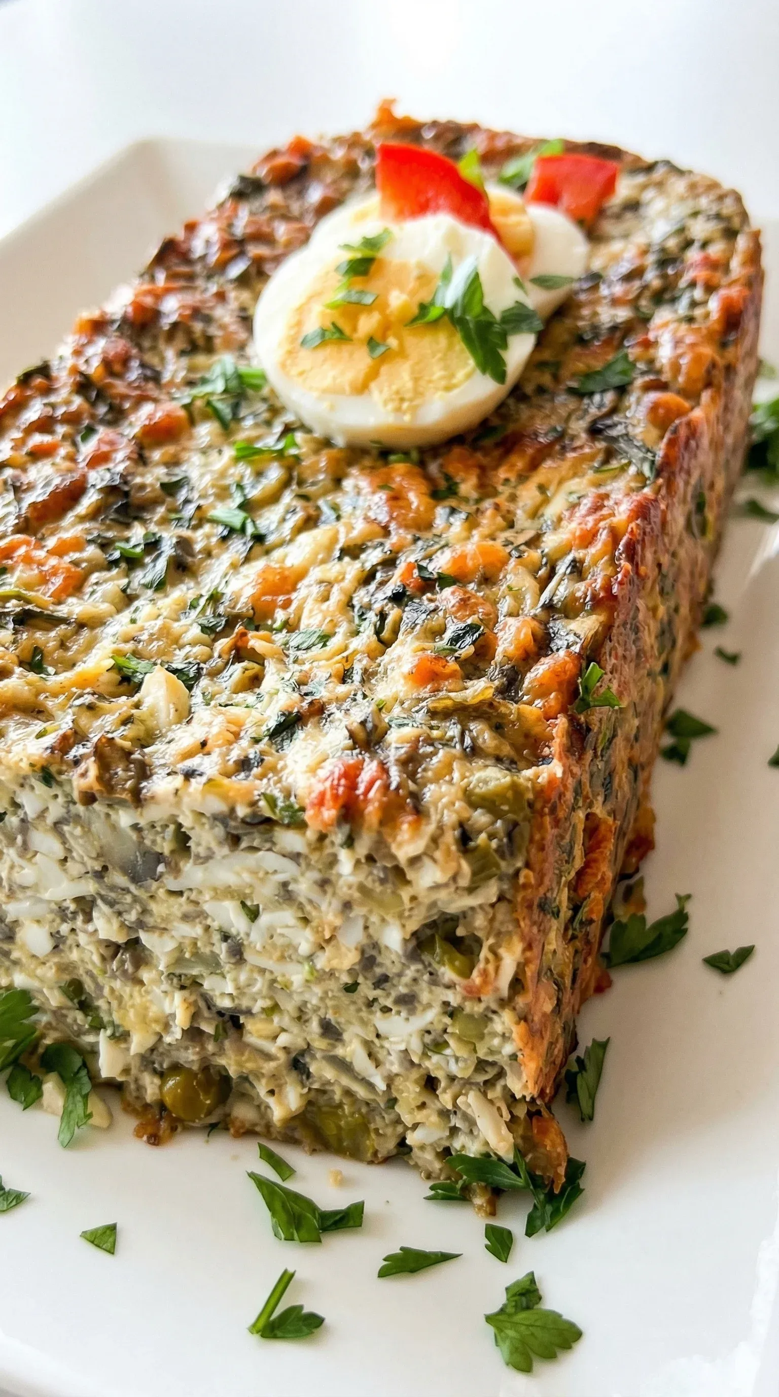 A slice of pasztet jajeczny with a fried egg on top.