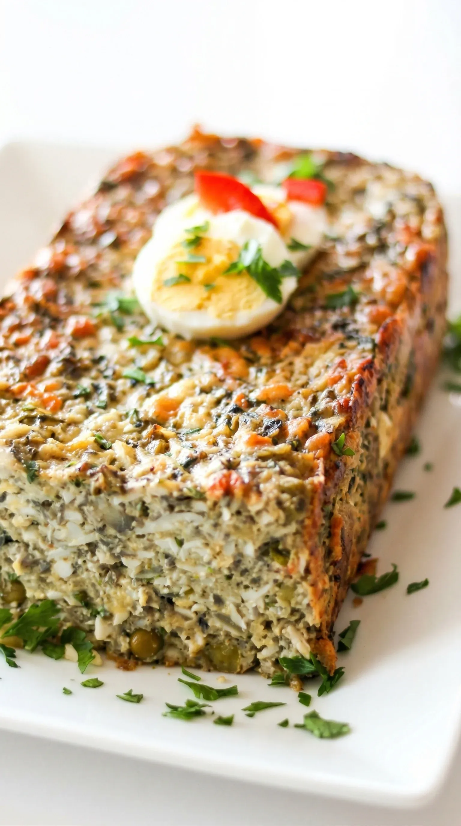 A slice of pasztet jajeczny with a hard boiled egg on top.