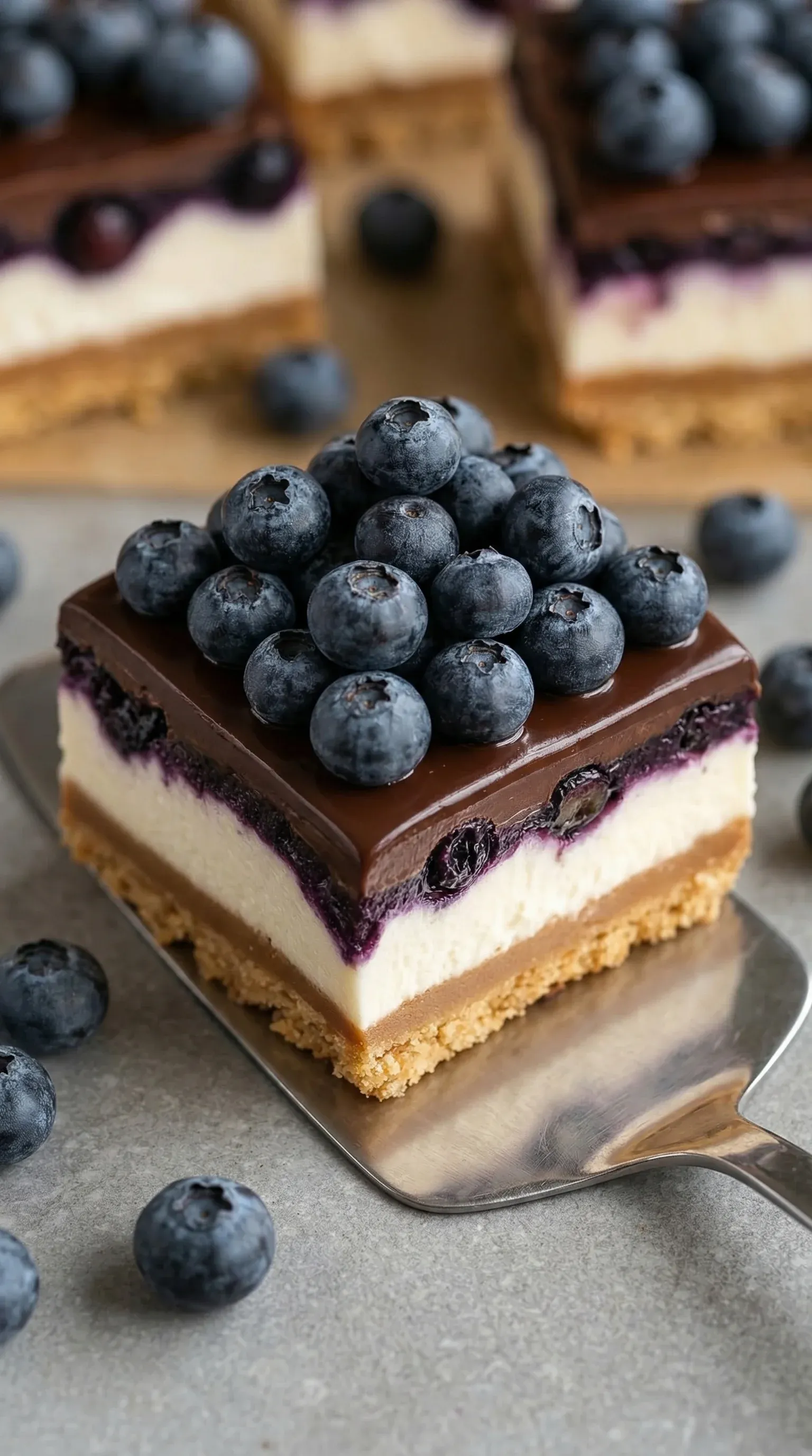 A slice of chocolate cake with blueberries on top.