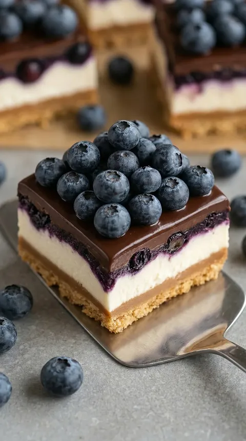 A slice of chocolate cake with blueberries on top.