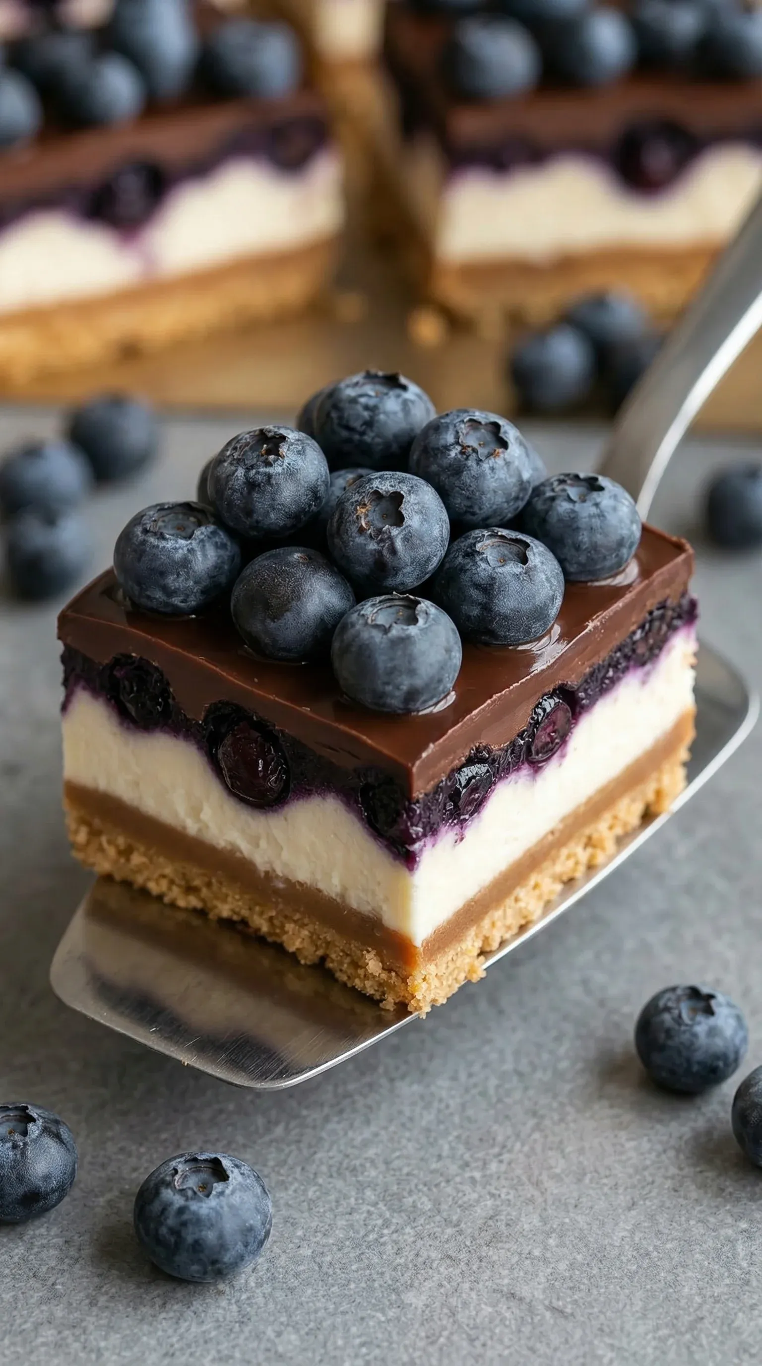 A slice of cake with blueberries on top.