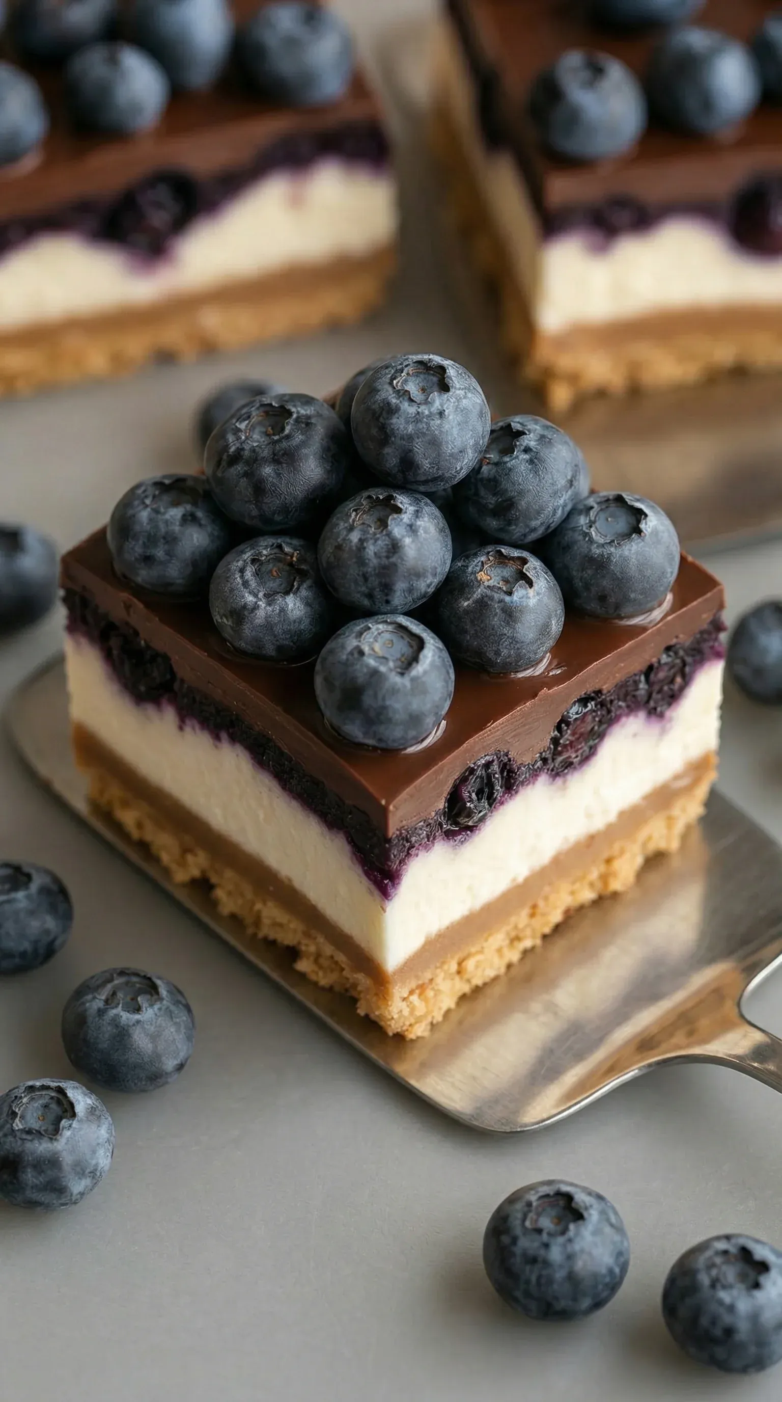 A slice of cake with blueberries on top.