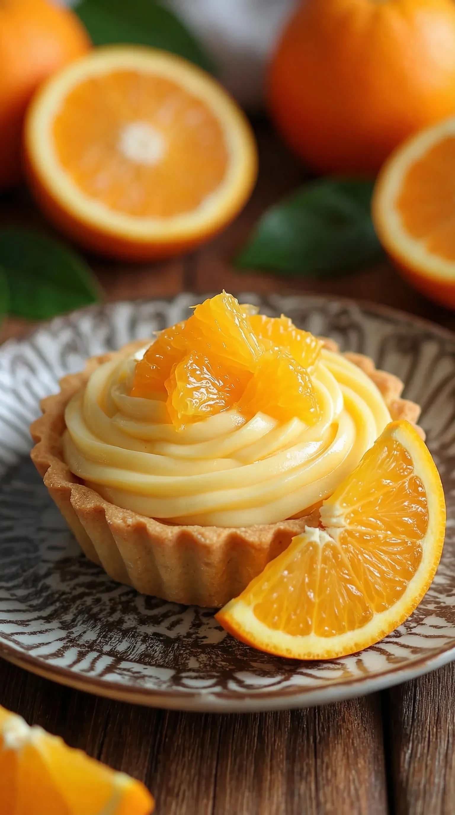 A slice of orange tartaletki with a dollop of cream.