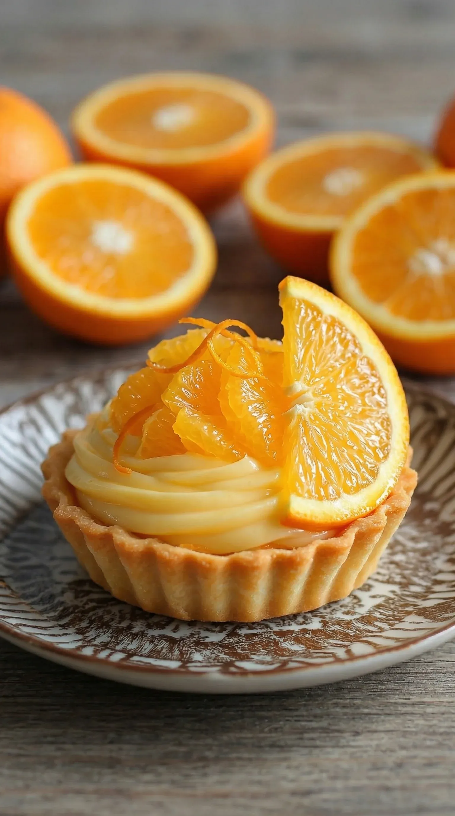 A slice of orange tartlet with orange zest on top.