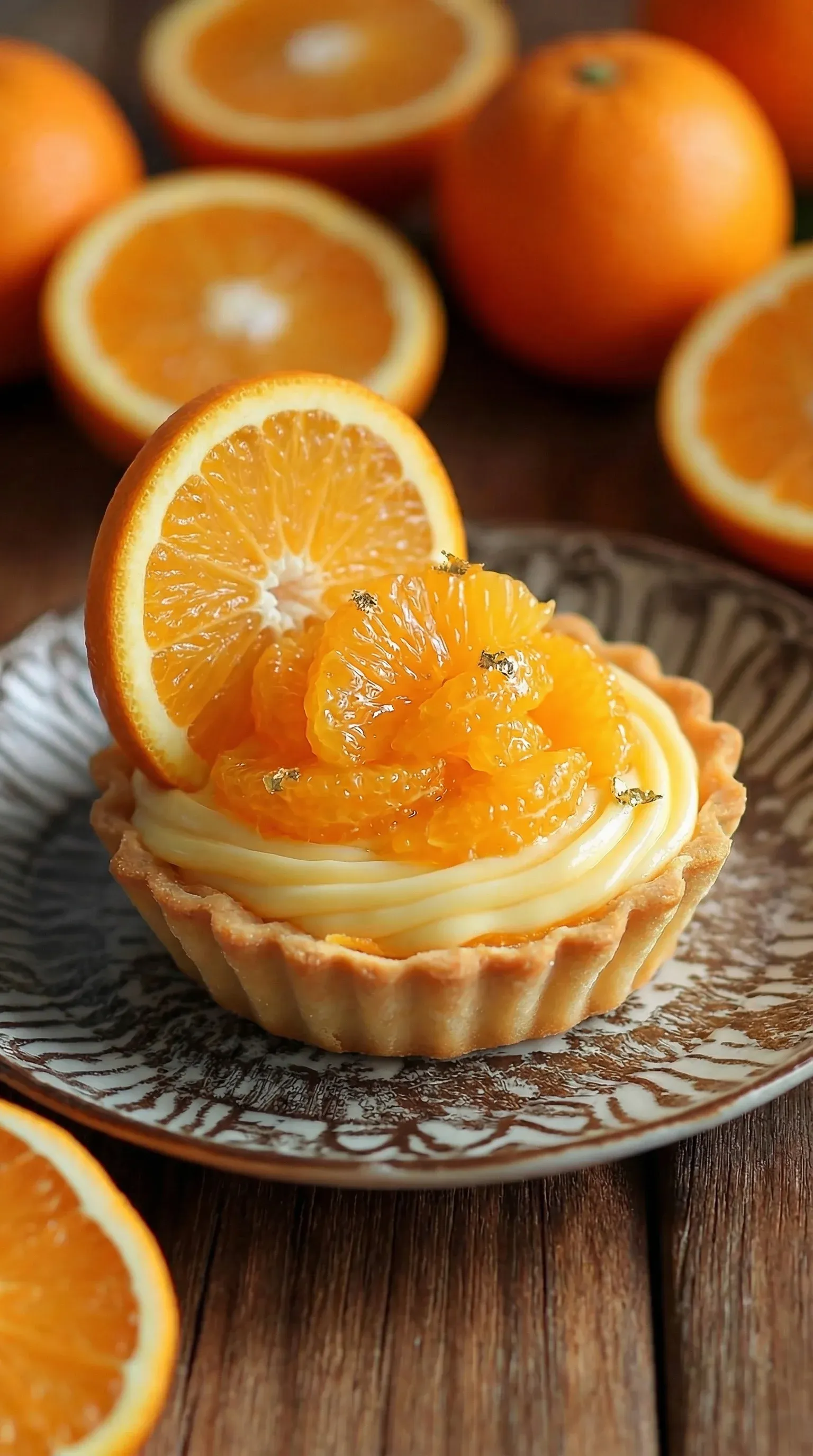 A slice of orange tartlet with a lemon wedge on top.
