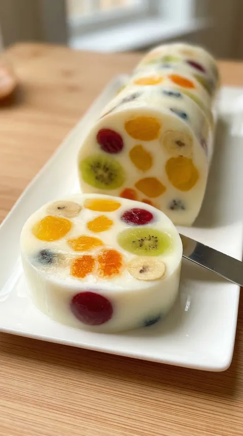 A white plate with a slice of fruit and yogurt.