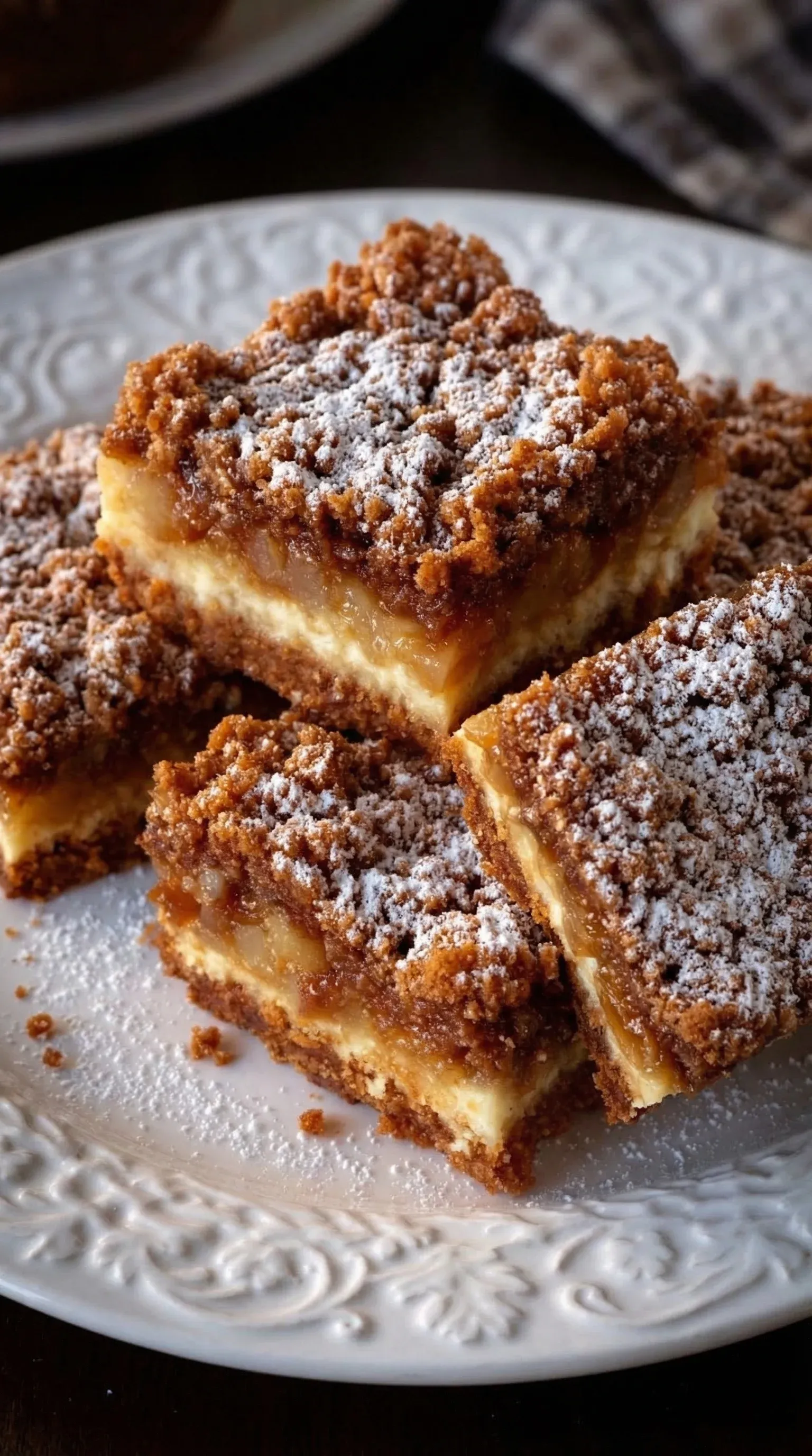 A slice of ciemna szarlotka z kruszonką.
