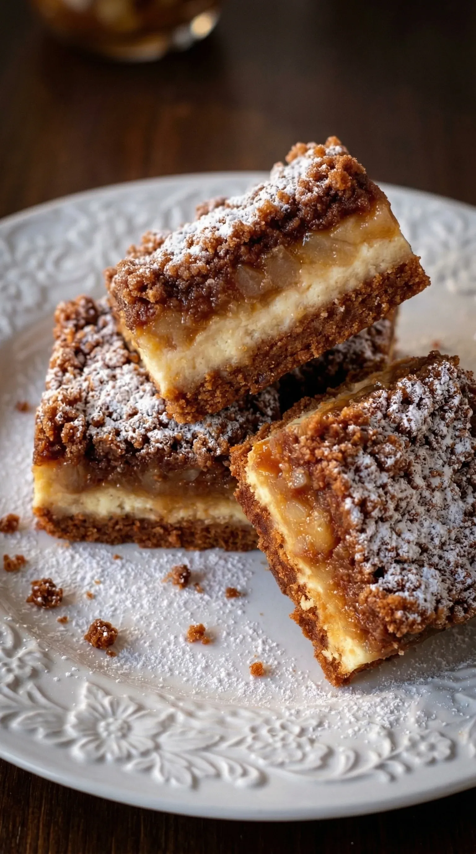 A slice of ciemna szarlotka z kruszonką.