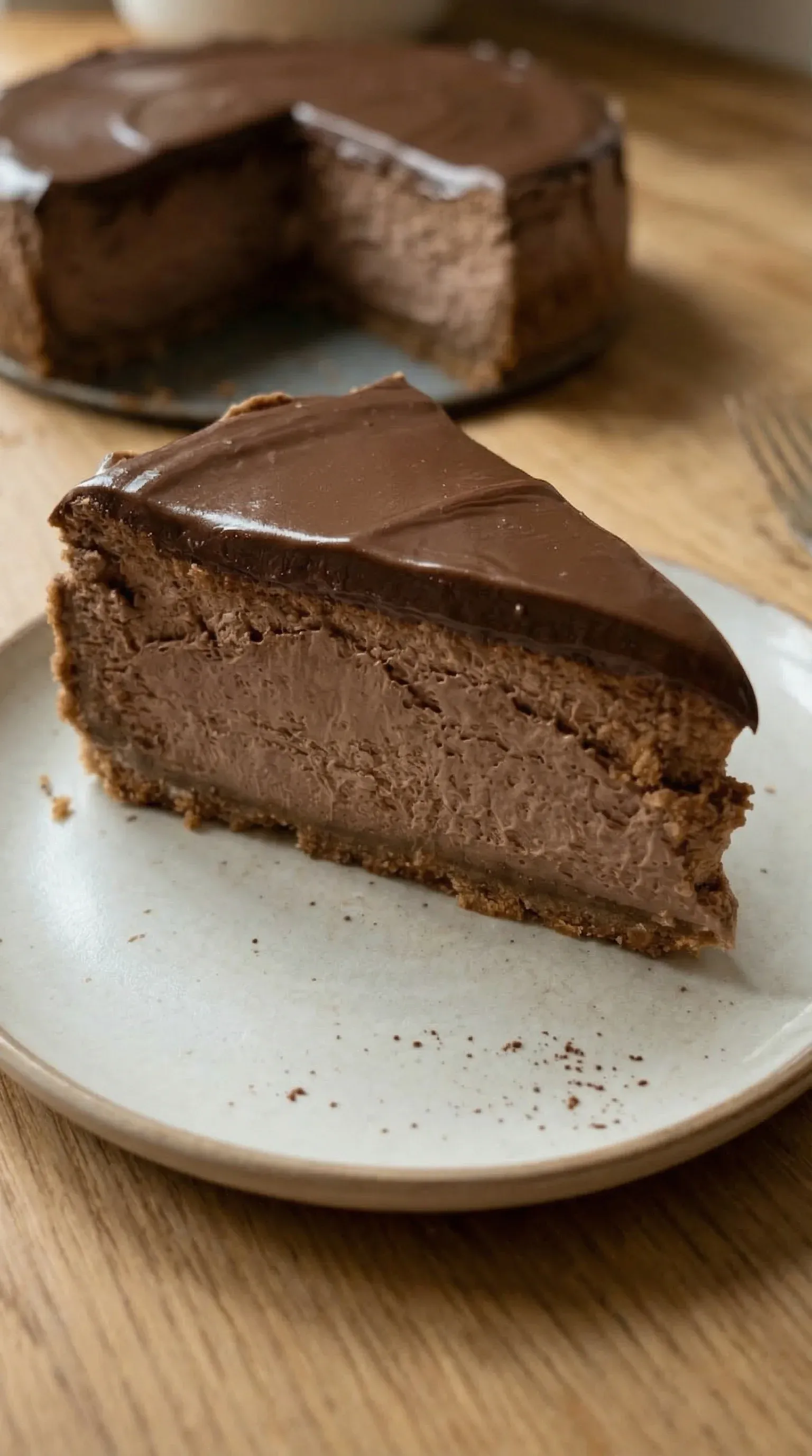 A slice of chocolate cake on a plate.
