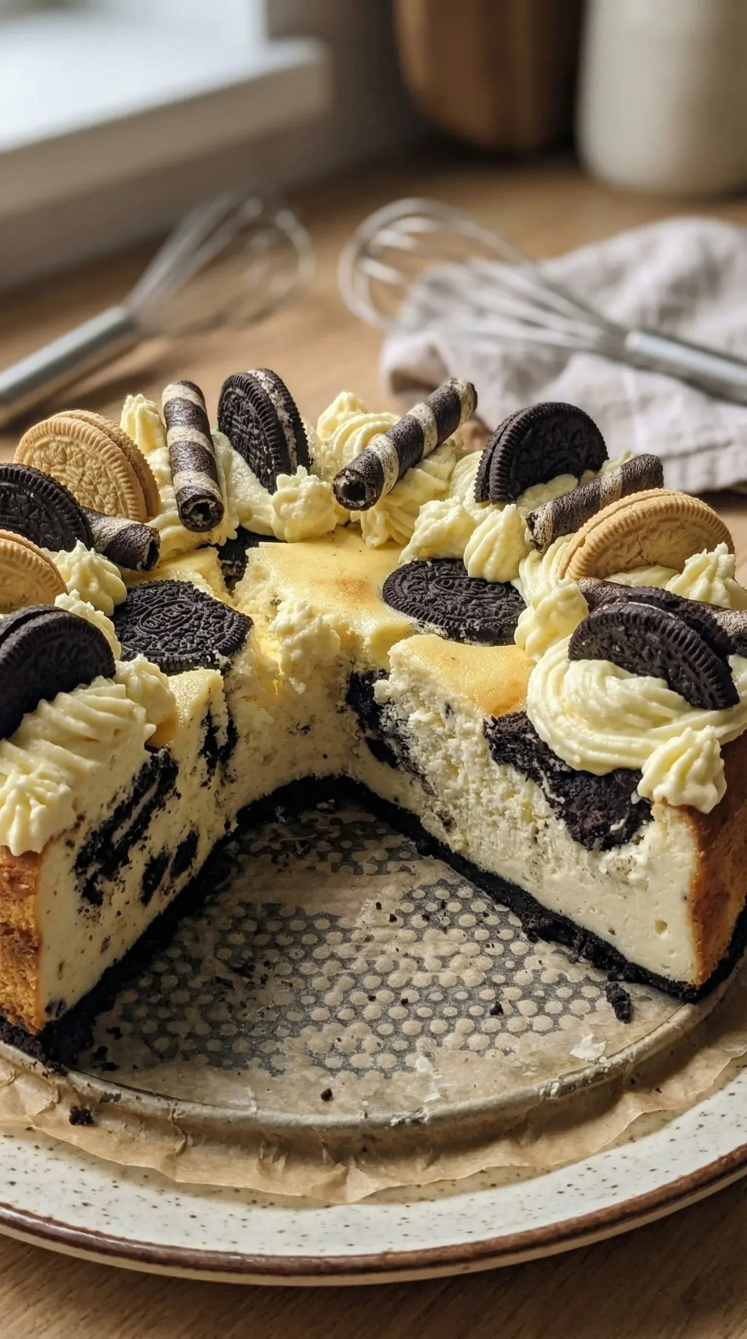 A slice of Oreo cheesecake.