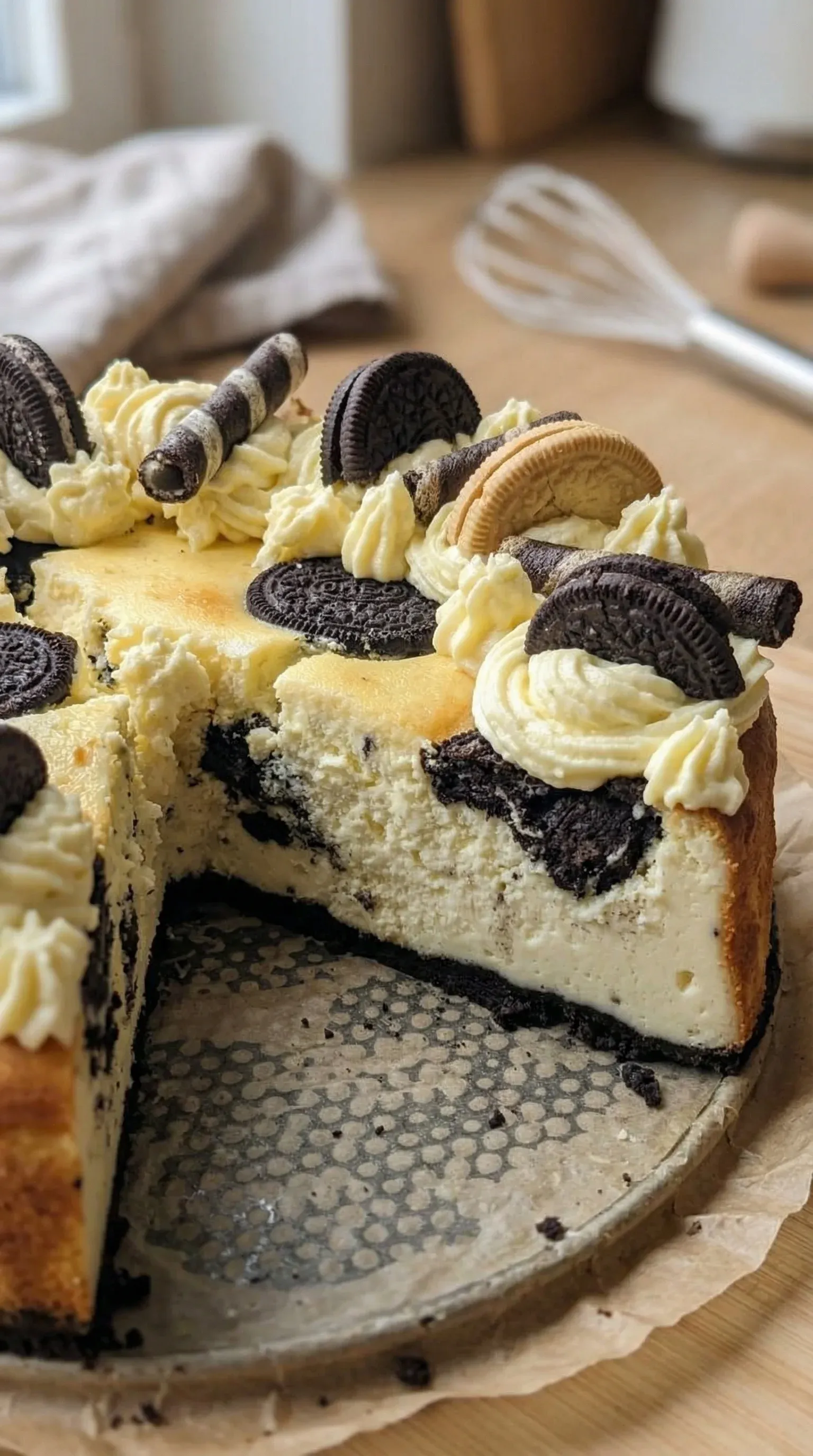 A slice of Oreo cheesecake.