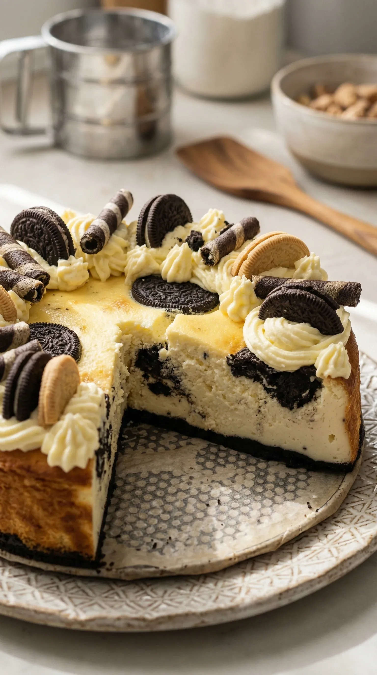 A slice of Oreo cheesecake on a plate.