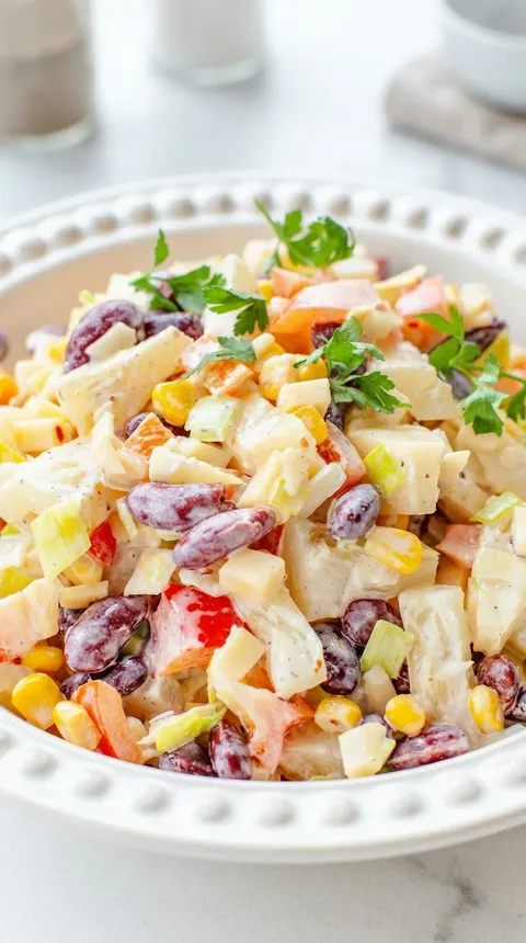 A bowl of salad with beans, corn, tomatoes, and lettuce.
