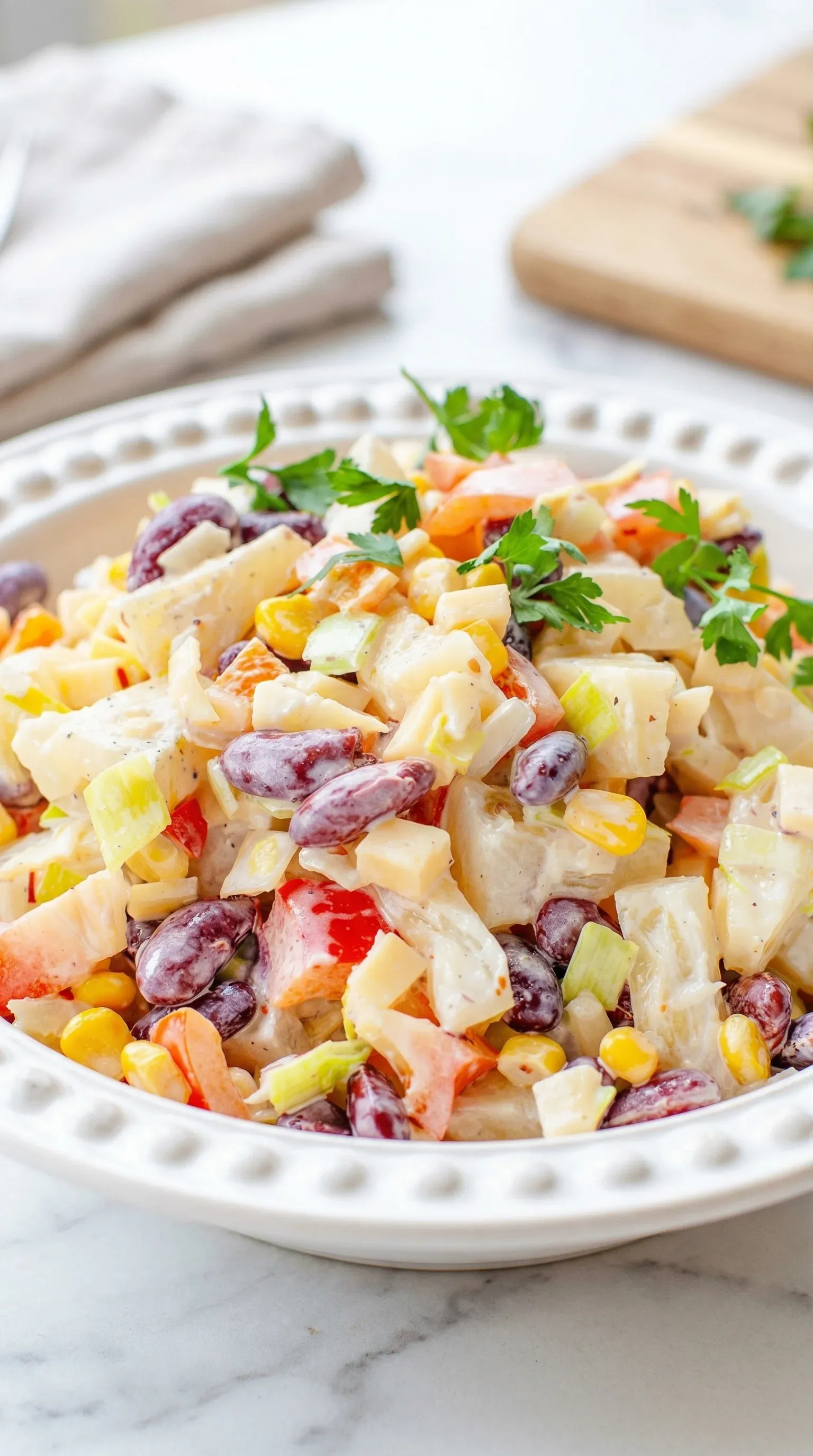 A white bowl filled with a salad of beans, corn, tomatoes, and lettuce.
