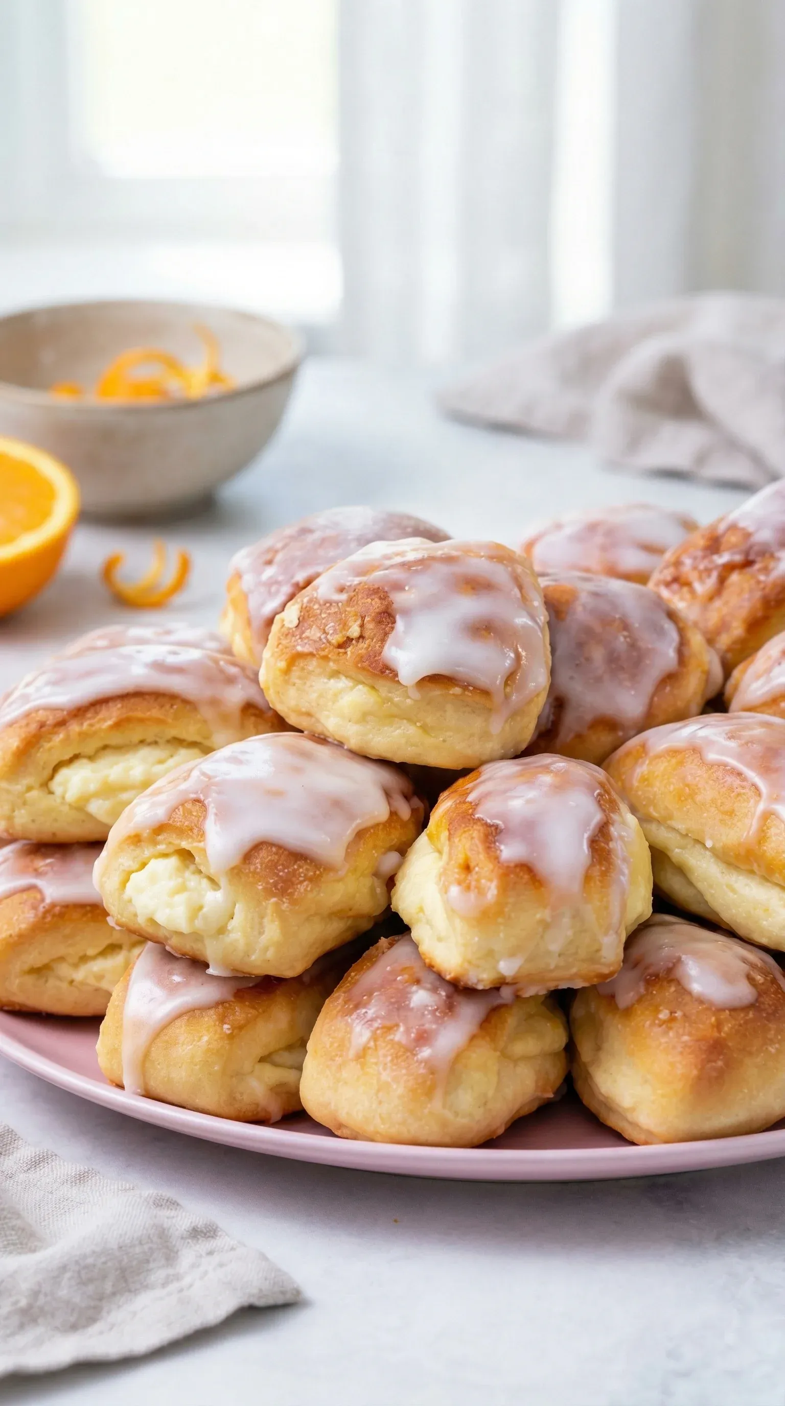 A plate of pastries with a bowl of oranges in the background.