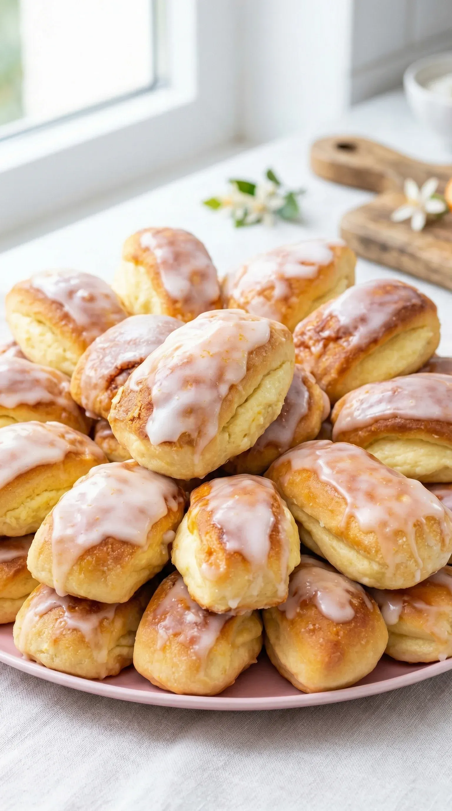A stack of pastries with a white glaze.