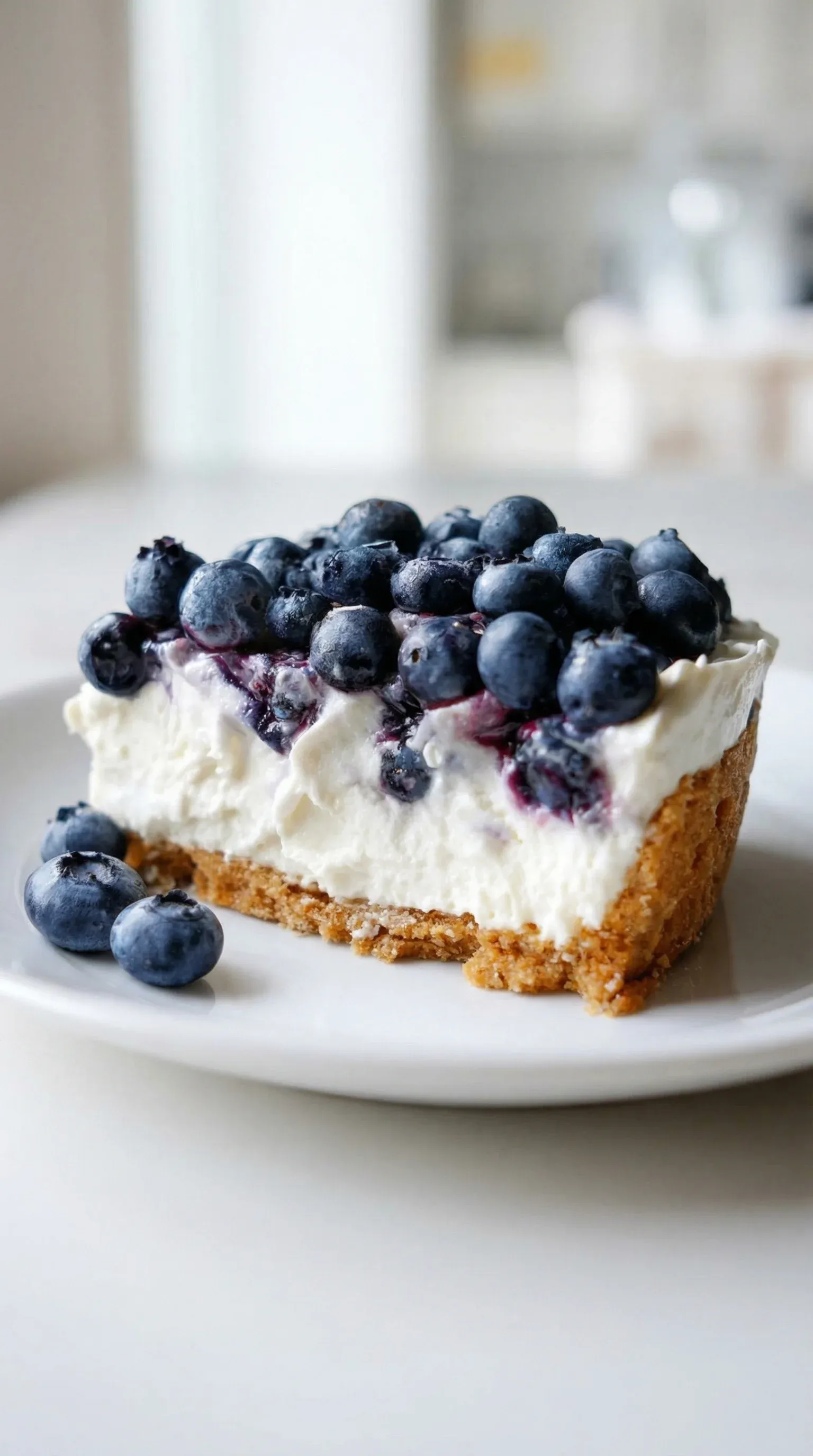 A slice of blueberry cheesecake on a plate.