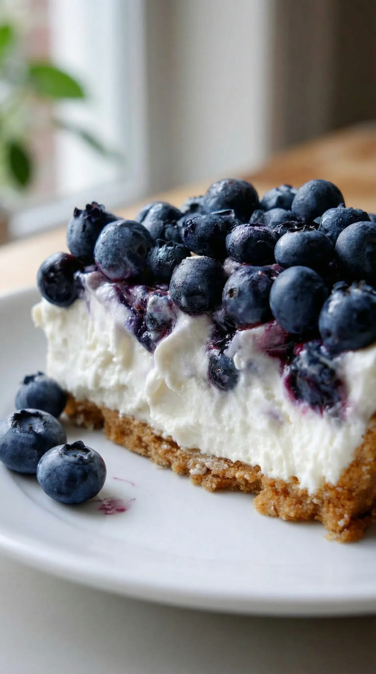 A slice of blueberry cheesecake on a plate.
