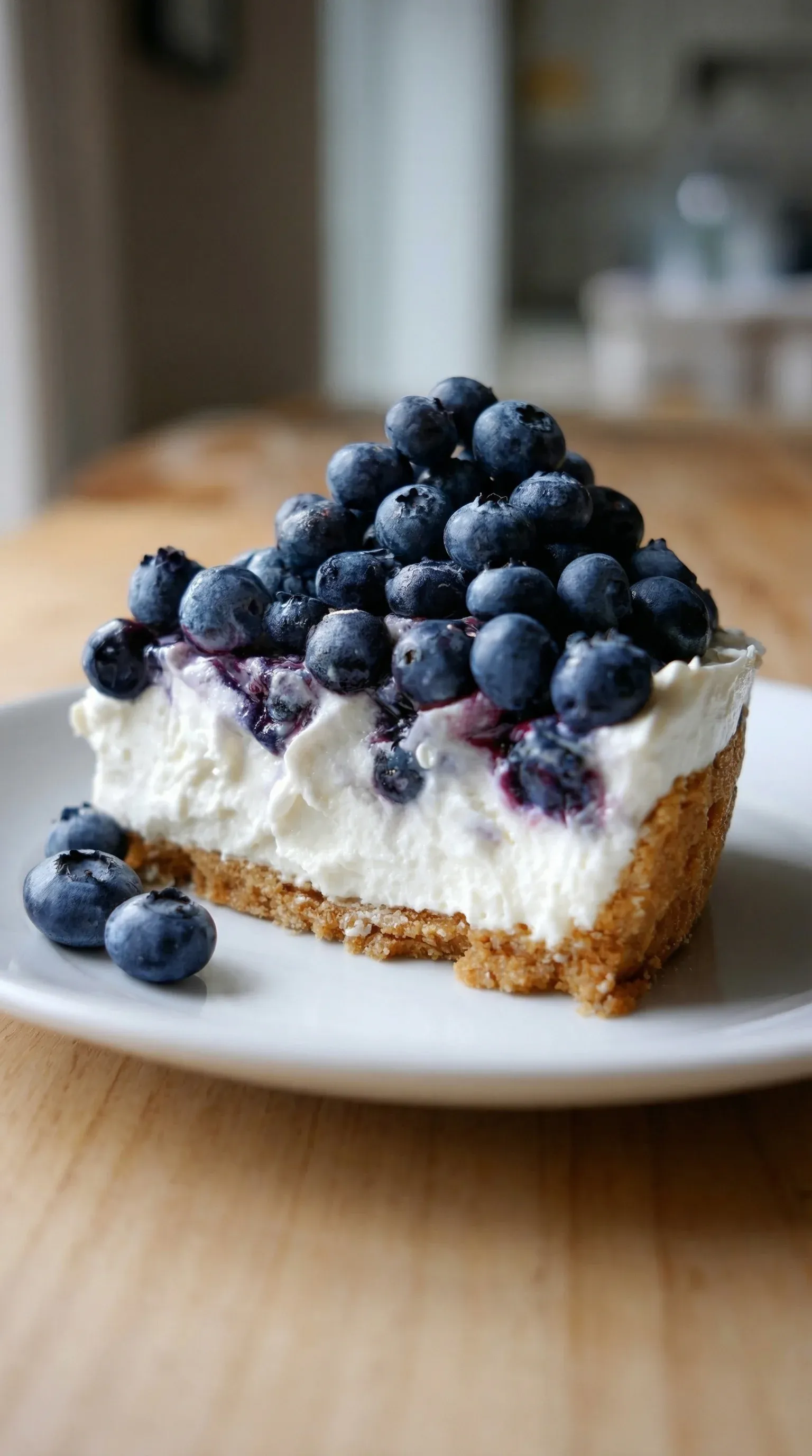A slice of blueberry cheesecake on a white plate.