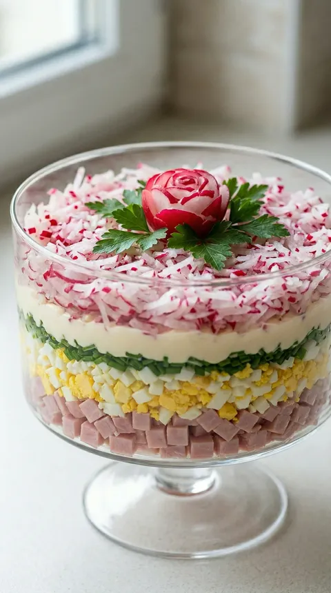 A glass bowl filled with a salad.