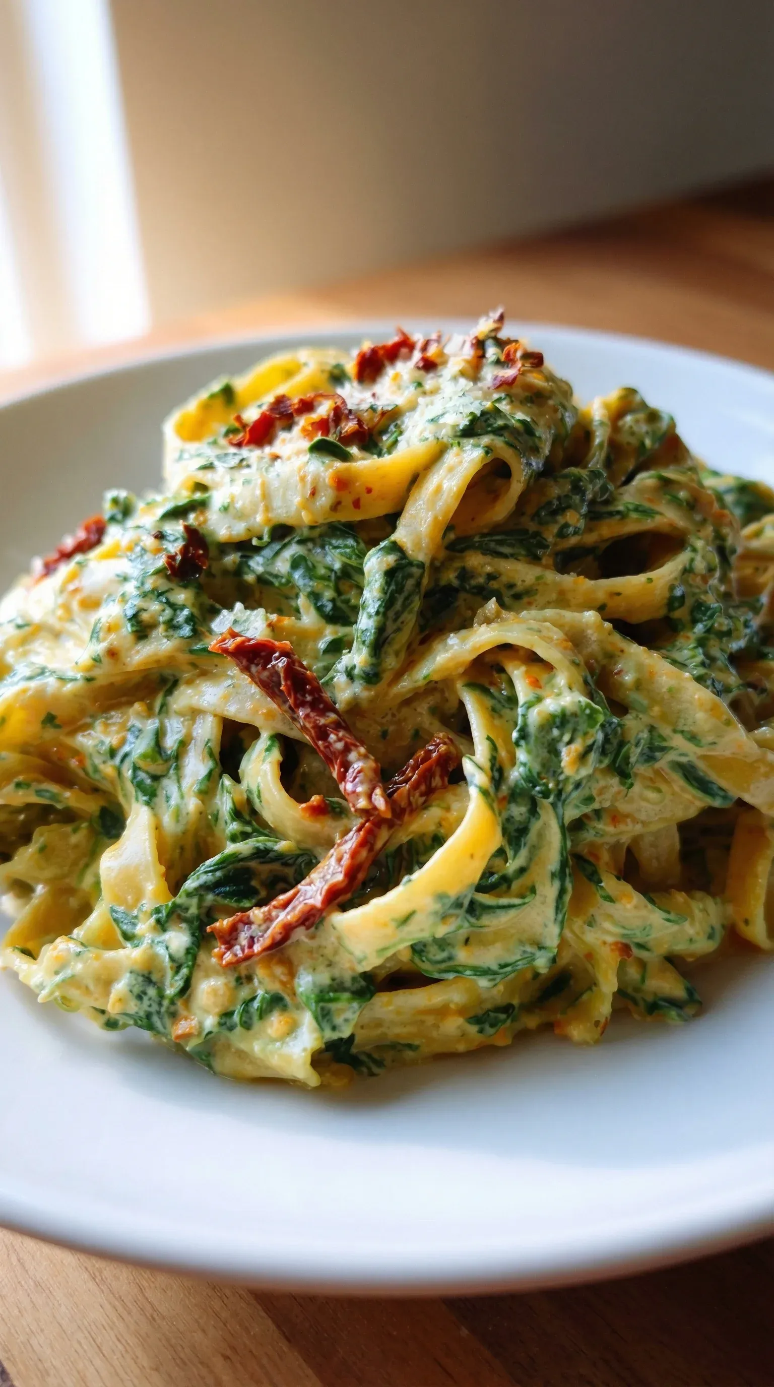 A plate of pasta with spinach and tomatoes.