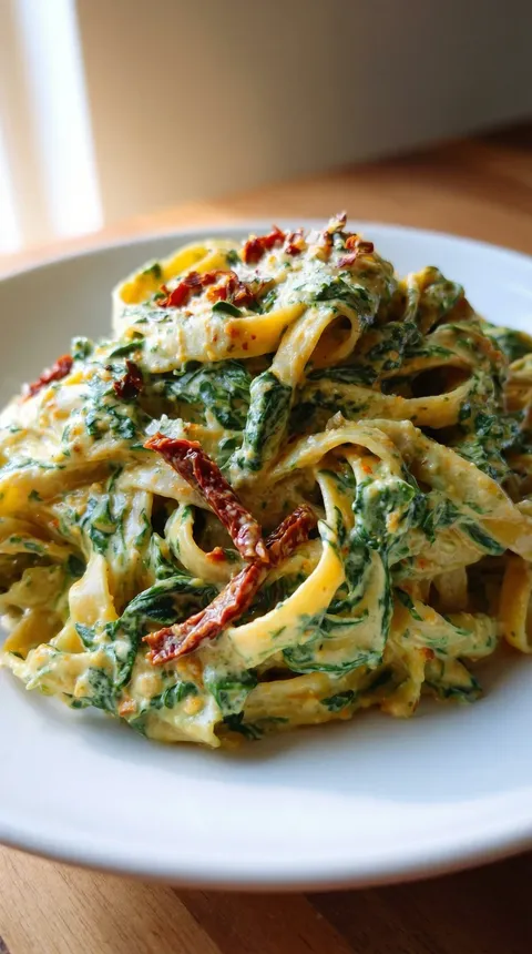 A plate of pasta with spinach and tomatoes.