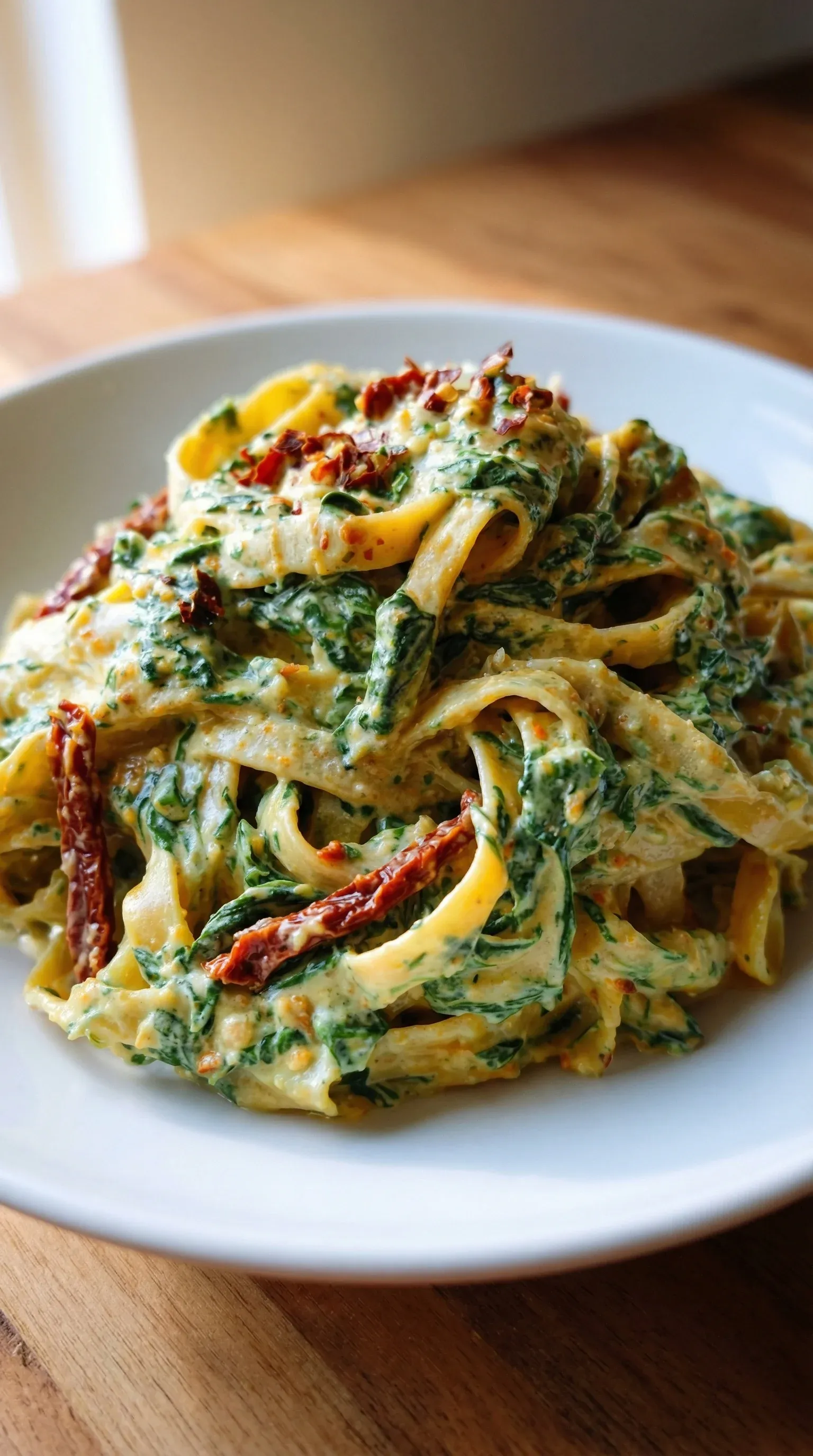 A plate of pasta with spinach and tomatoes.