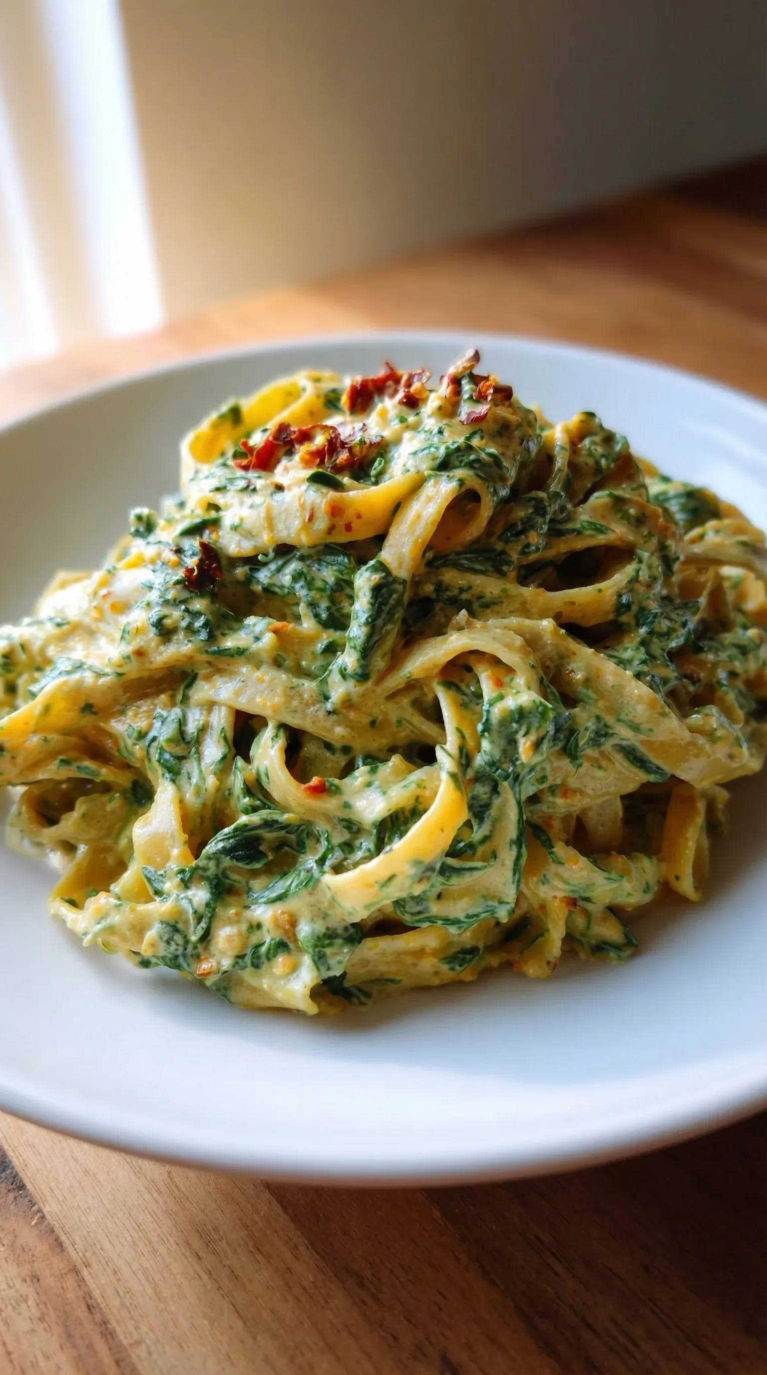 A plate of pasta with spinach and tomatoes.