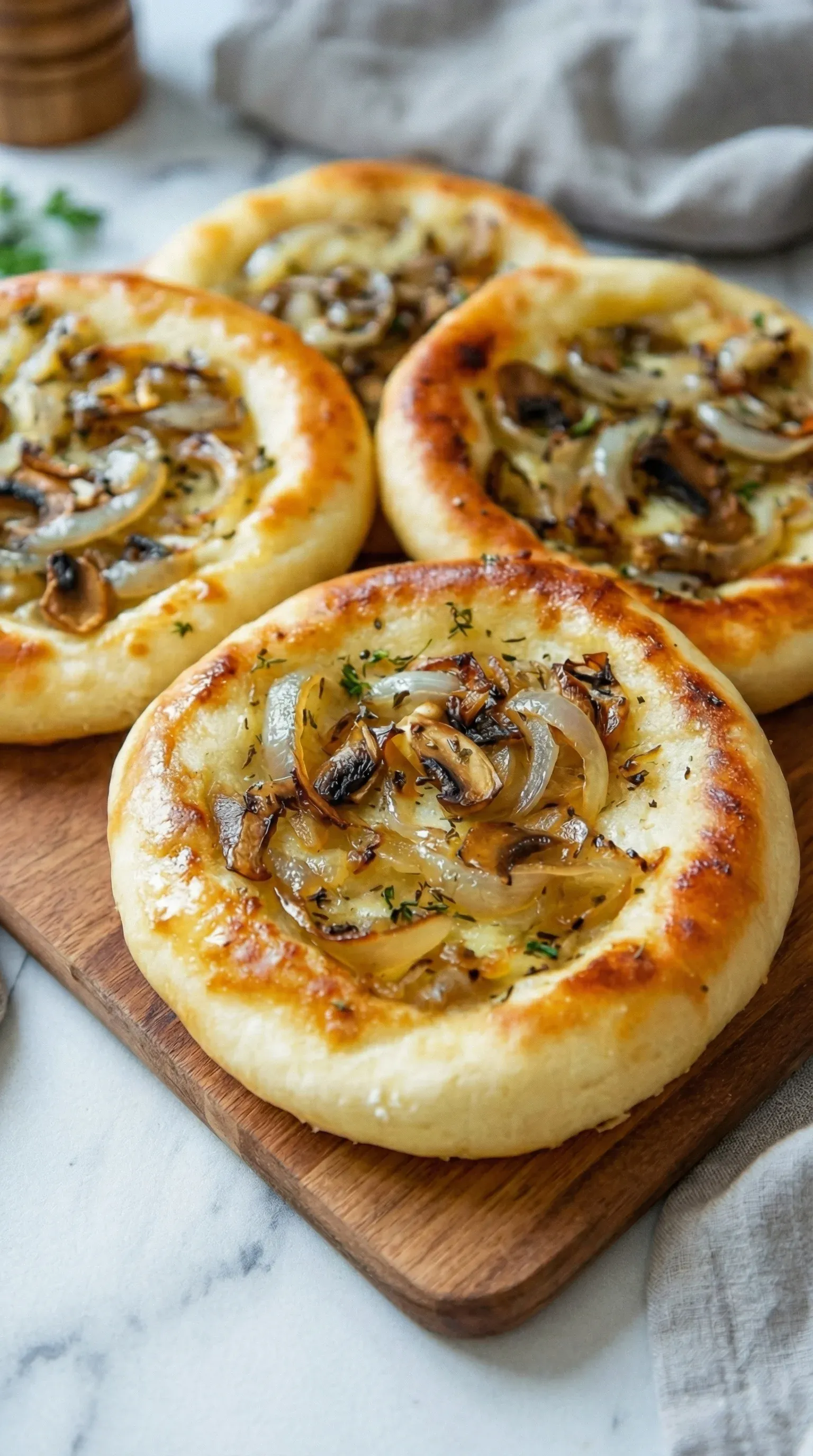 A pizza with mushrooms and onions.