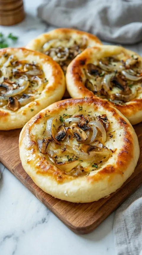 A pizza with mushrooms and onions.