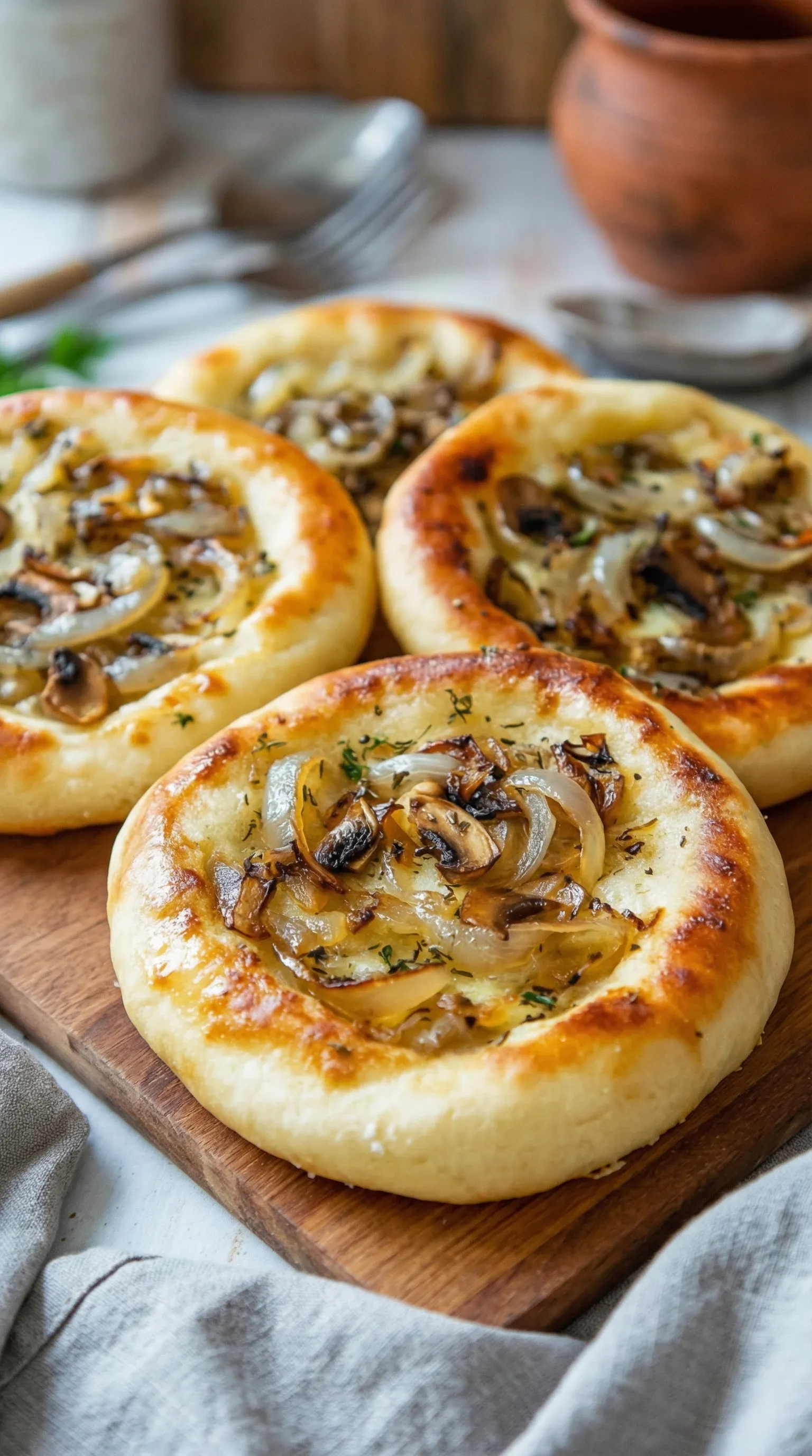 Two pieces of pizza with mushrooms and onions.