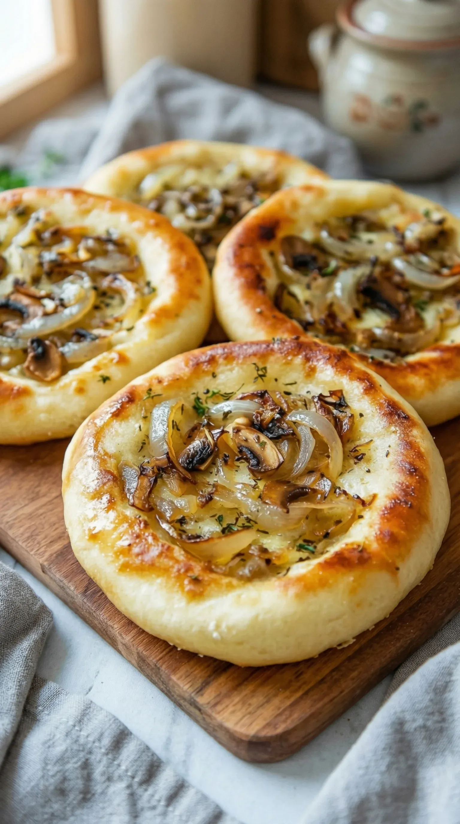 A pizza with mushrooms and onions.