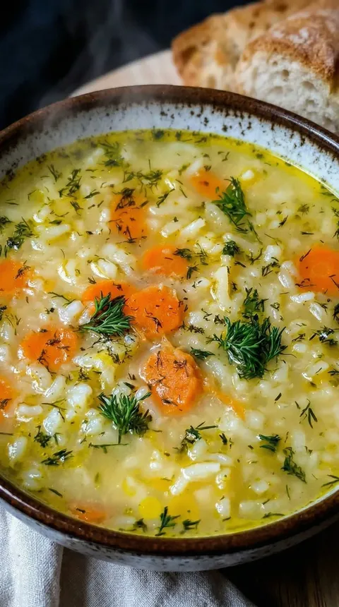 A bowl of soup with rice and carrots.