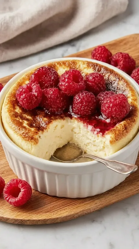 A bowl of dessert with raspberries on top.
