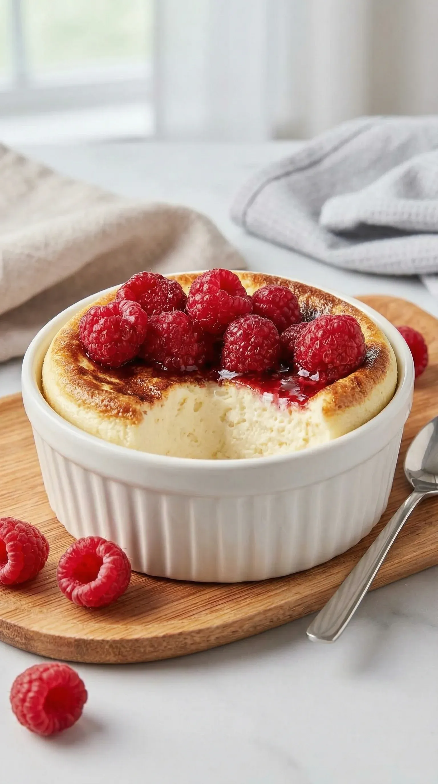 A bowl of raspberry cheesecake with raspberries on top.