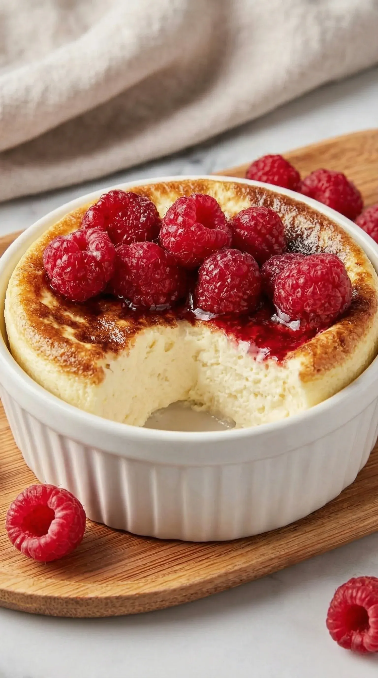 A bowl of dessert with raspberries on top.