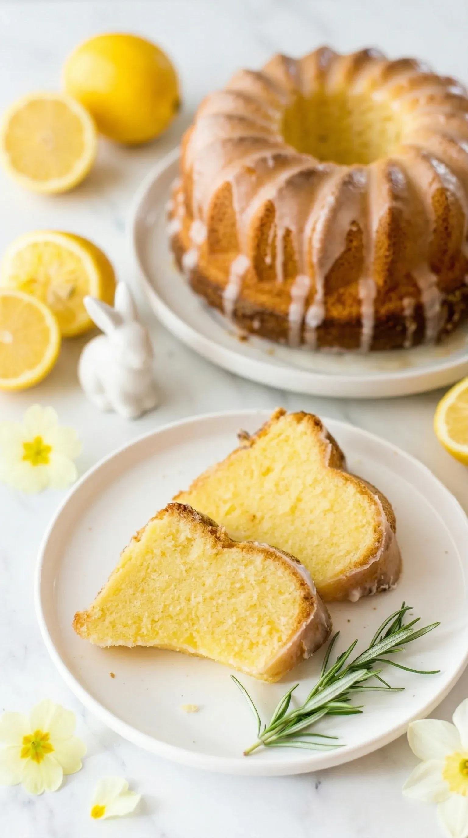 A slice of cake with lemon on top.