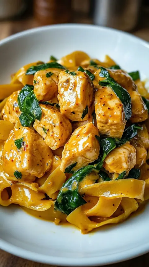 A plate of chicken and noodles.