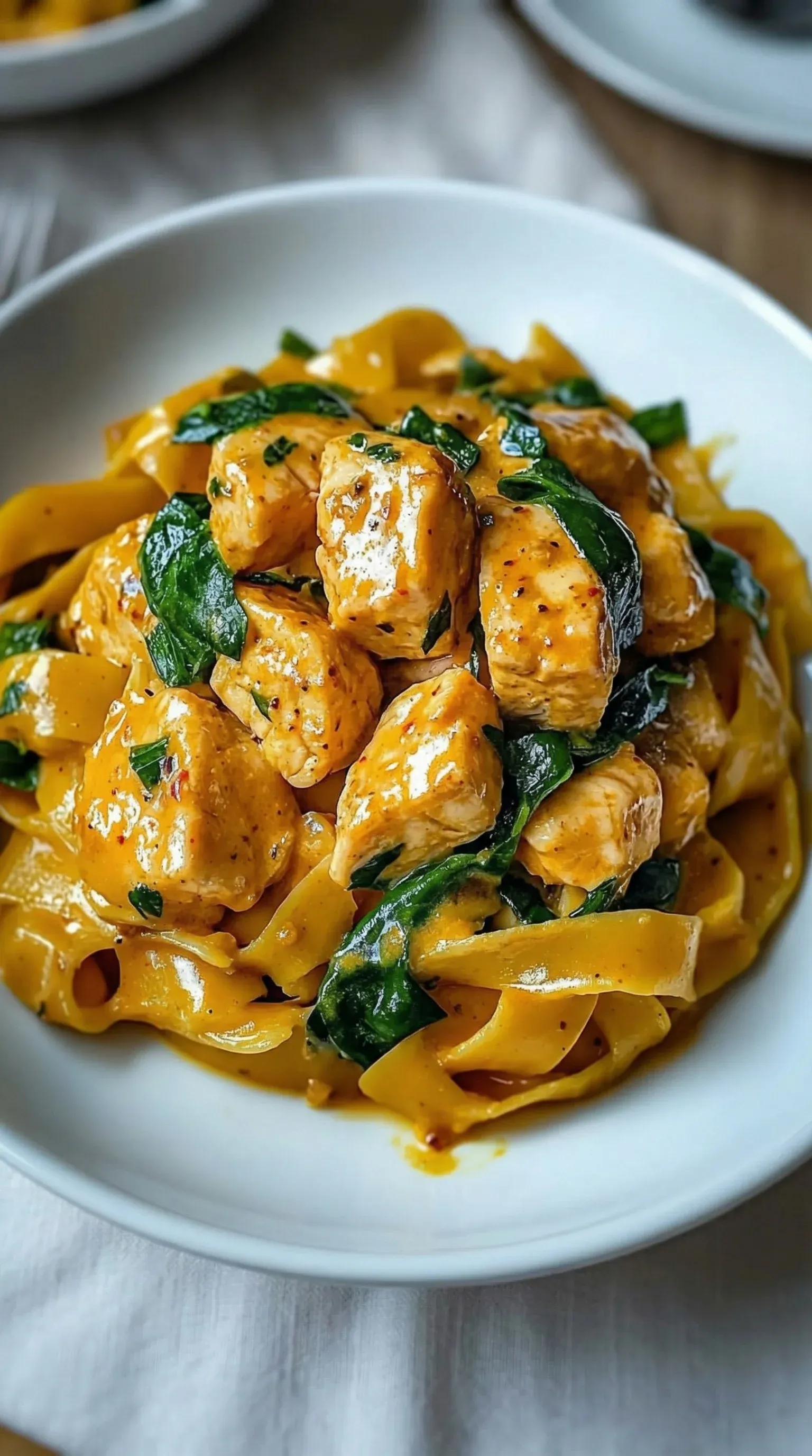 A plate of pasta with chicken and spinach.