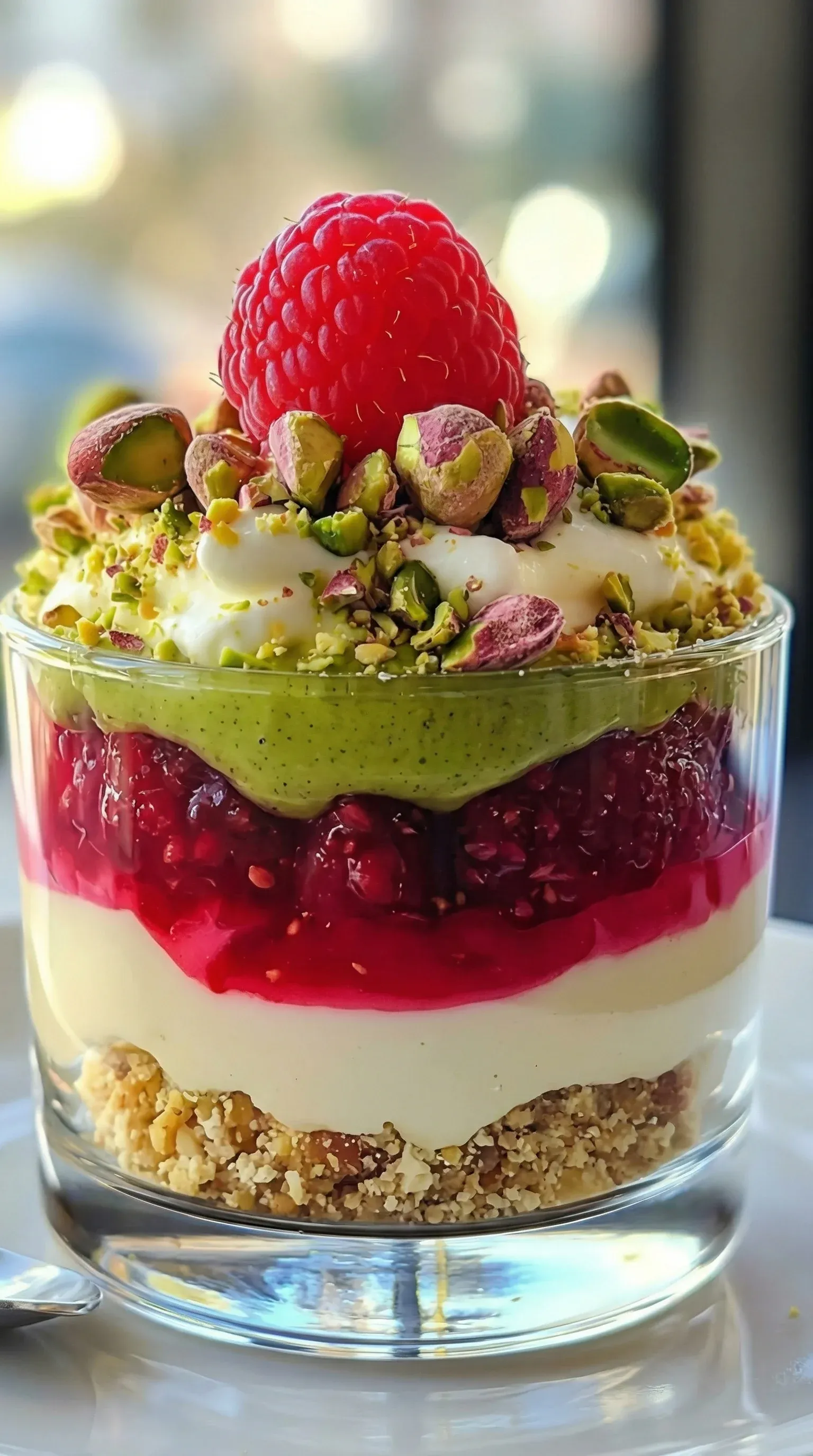 A dessert in a glass with a raspberry and a green topping.