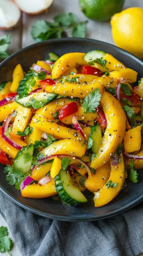 A bowl of fruit salad with mango, cucumber, and red peppers.