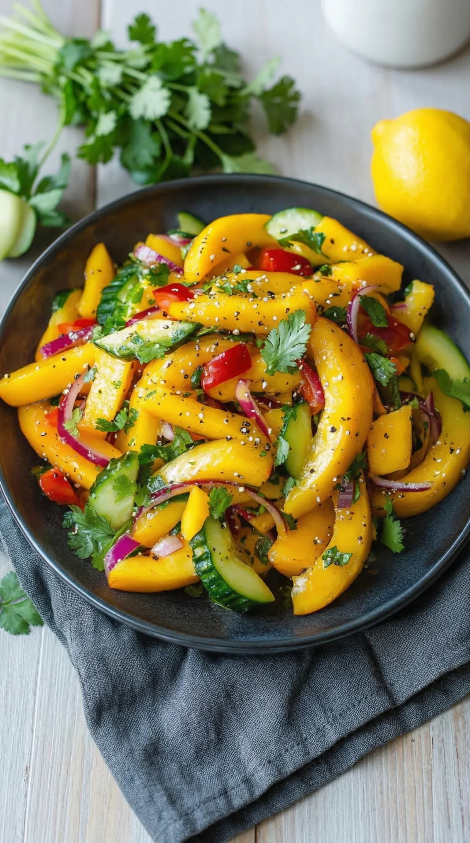 A bowl of fruit salad with mango, cucumber, and red peppers.